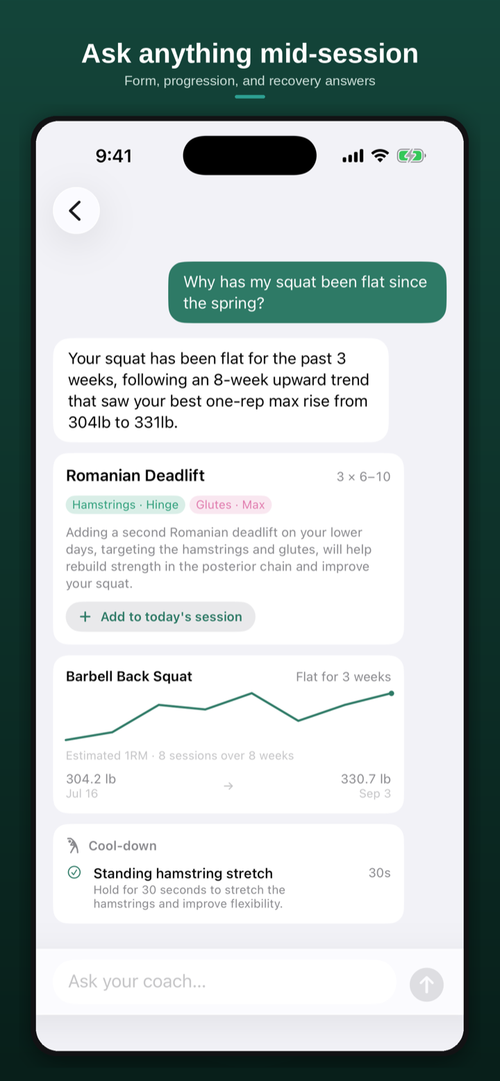 Coach chat answering why a squat has stalled, with a movement to add
