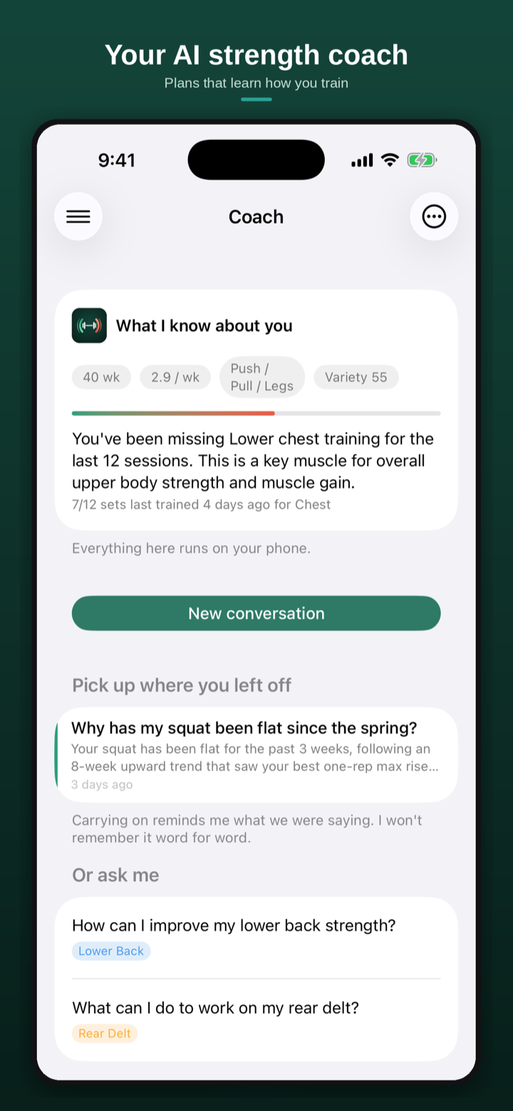 Coach home: an on-device AI strength coach that already knows your training
