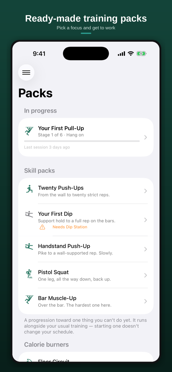Progression packs, including Your First Pull-Up running alongside ordinary training