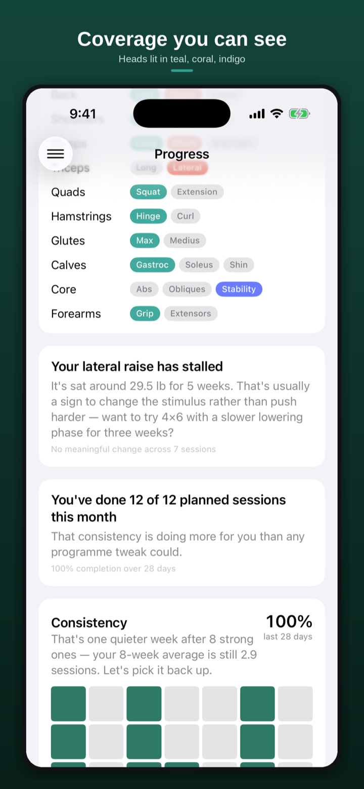 Progress screen showing muscle coverage, a stalled lift, and consistency