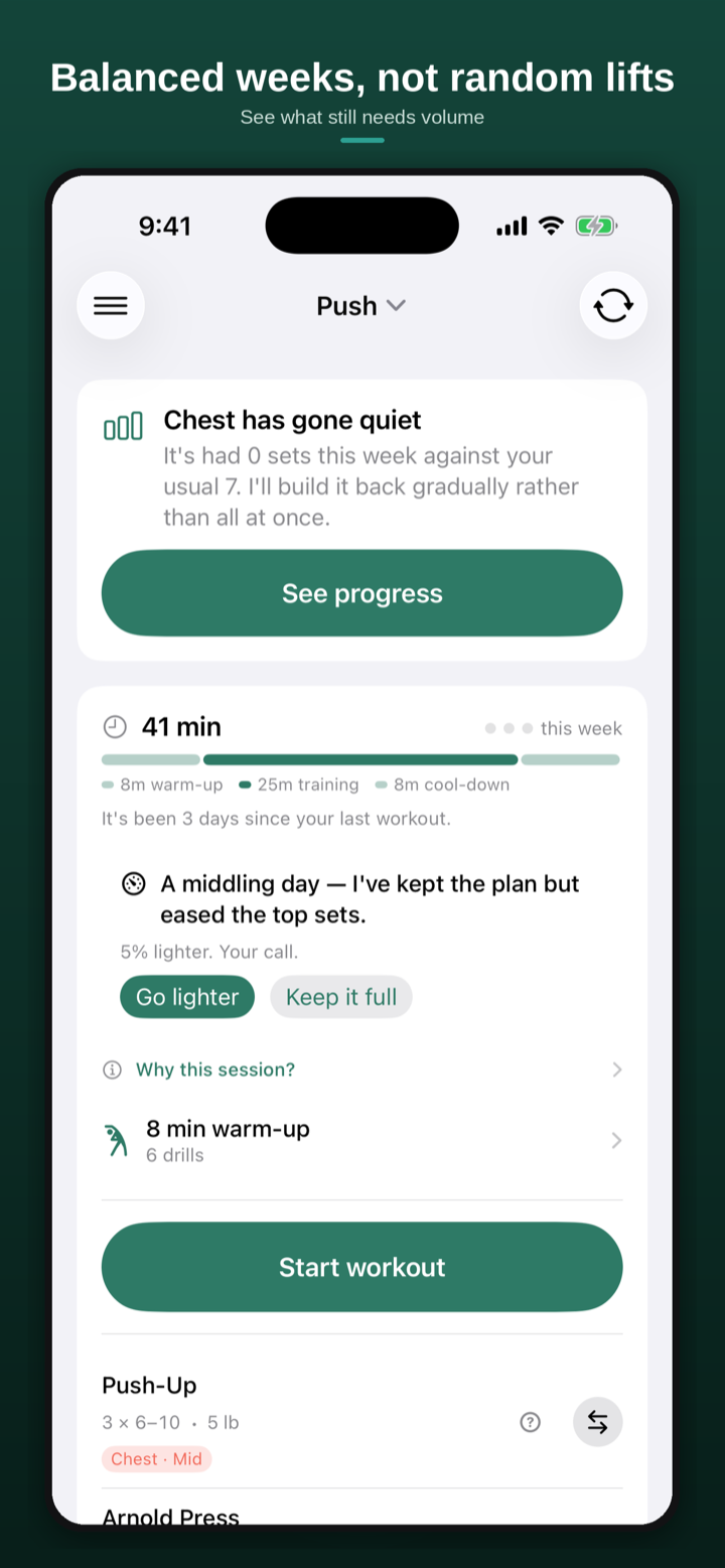Today screen with the session decided, timed, and ready to start
