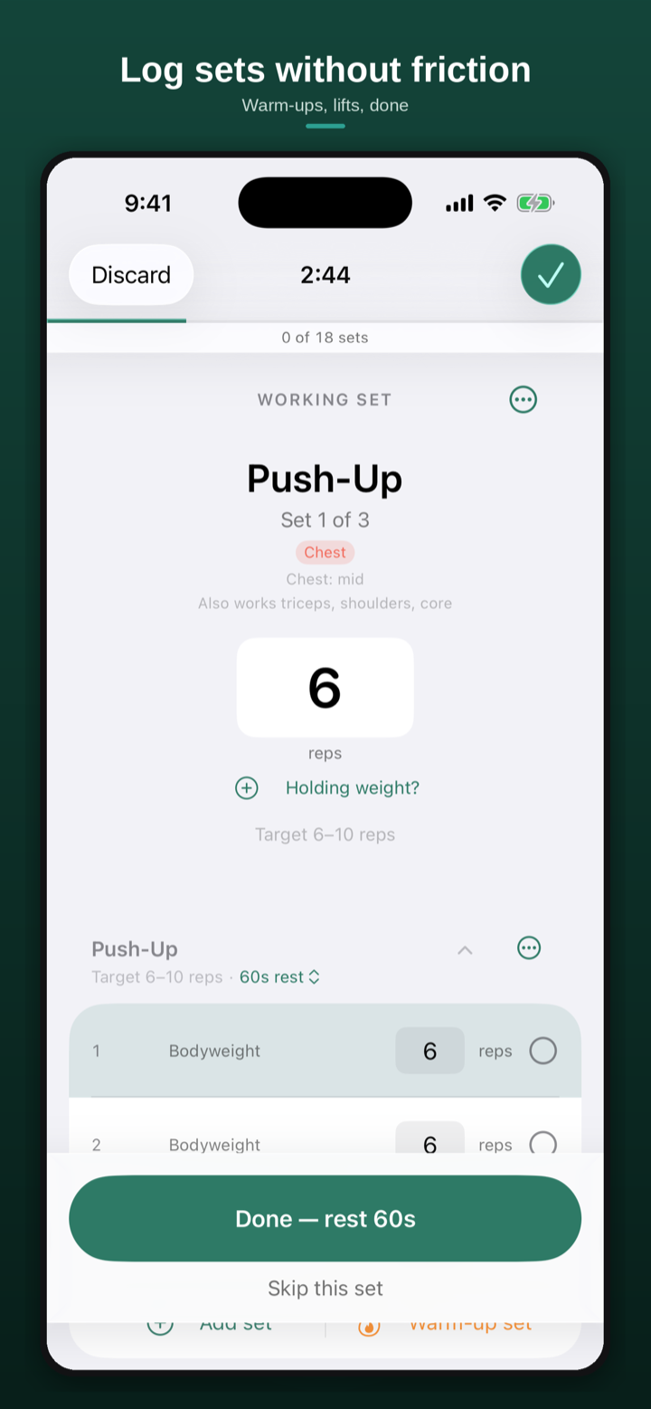 Logging a working set of push-ups during a workout